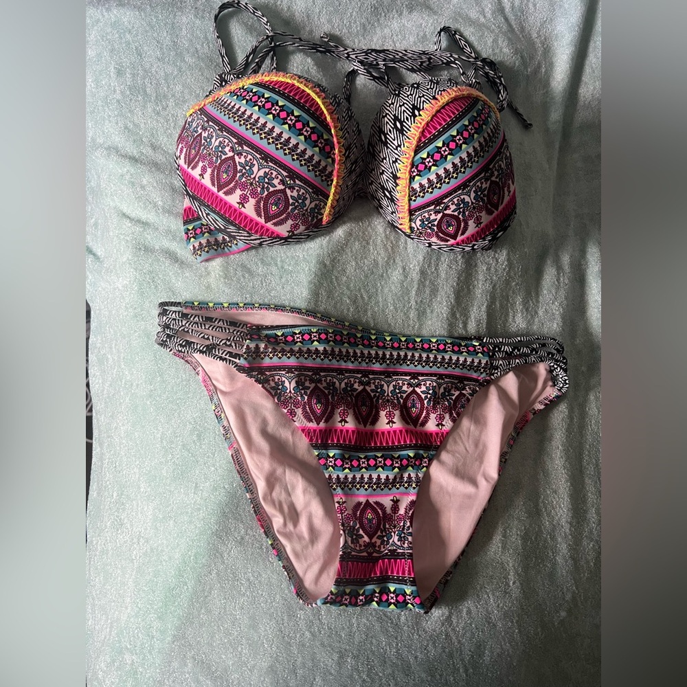 Shade & Shore Black 2 Piece Bikini Bathing Suit  Pink & Teal 36D M